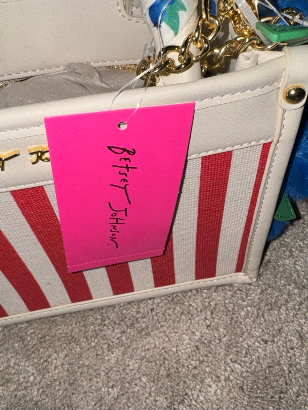 Betsey Johnson White and Red Stripe Mini Top-Handle Bag with Blue Pom Charm - Picture 6 of 11